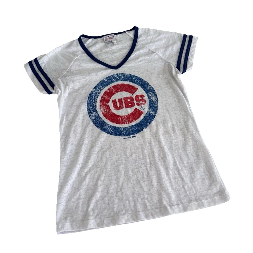 Chicago Cubs Womens M Vneck Tshirt Semi-Sheer White Burnout Genuine Merchandise